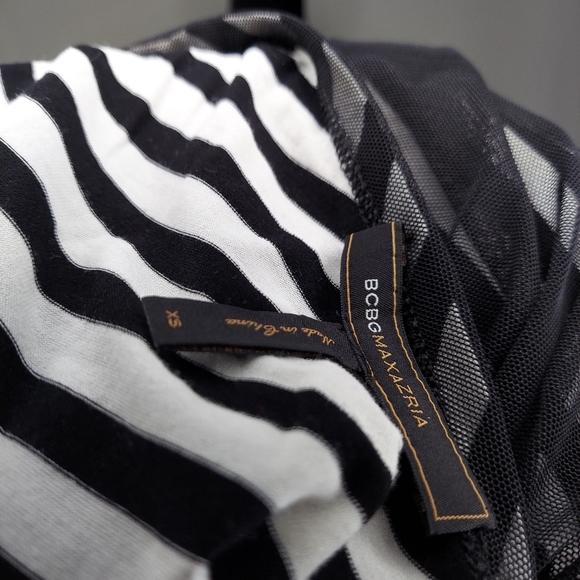 BCBGMaxazria Dress Mini Bodycon Mesh Striped Ribbon Tie One Shoulder Stretch XS - Picture 2 of 5